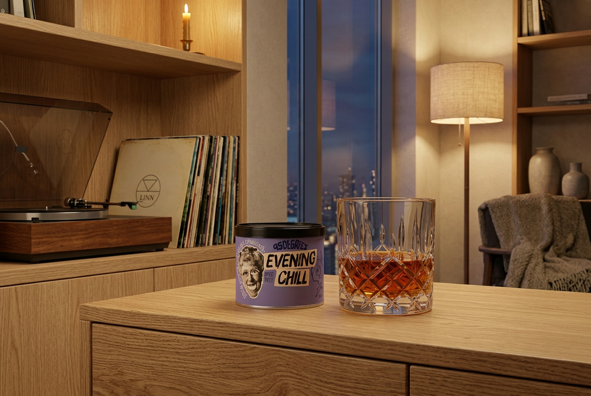 Cozy evening setting featuring a blue tin of 95 Degrees Evening Chill Lapsang Souchong loose leaf tea and a crystal glass filled with tea on a wooden table, with a record player and warm ambient lighting in the background.