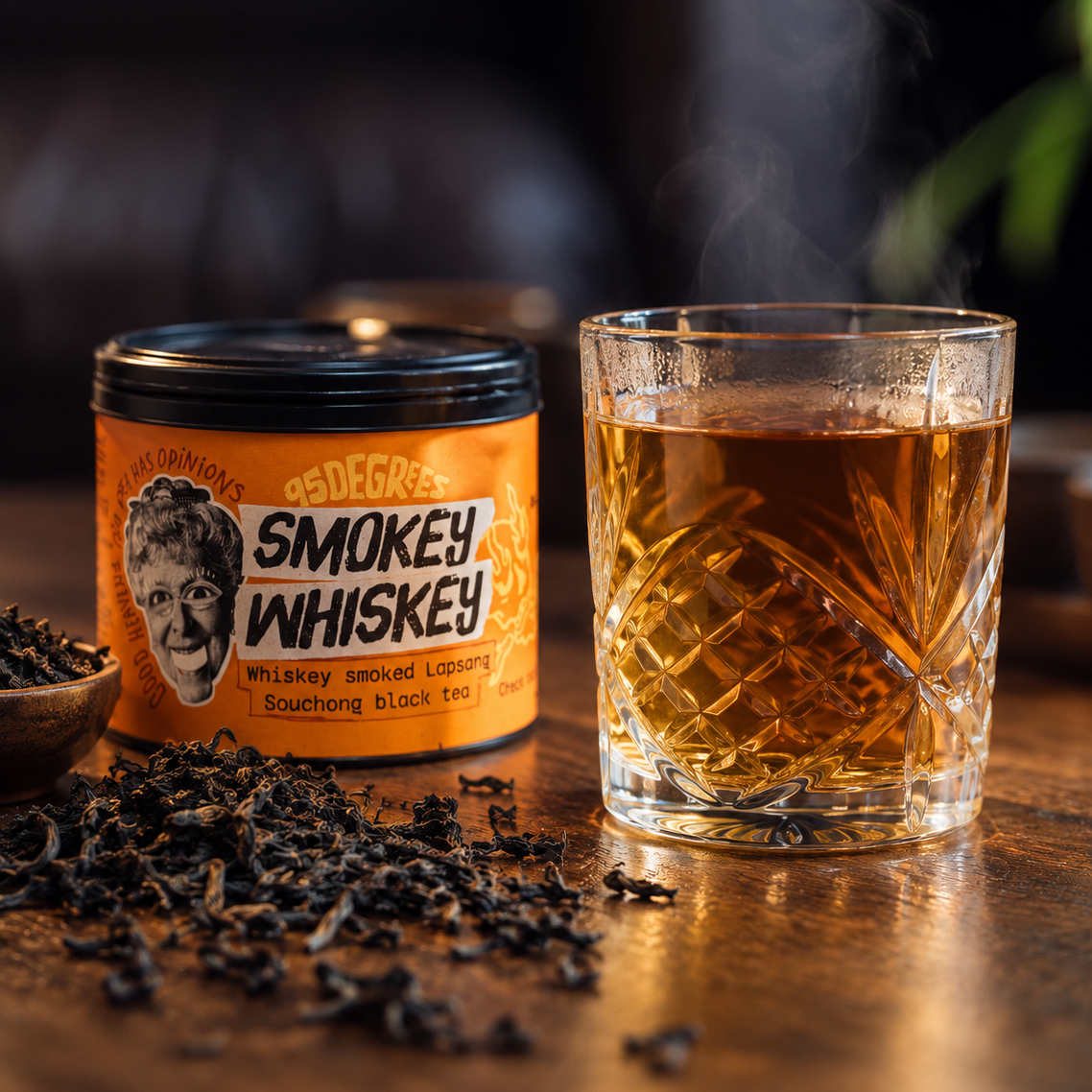 95degrees rocks Smokey Whiskey tea tin can next to a steaming glass of amber-coloured tea on a dark wooden table.